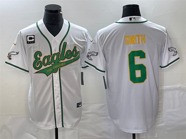 Men's Philadelphia Eagles #6 DeVonta Smith White Gold With 3-star C Patch Cool Base Stitched Baseball Jersey